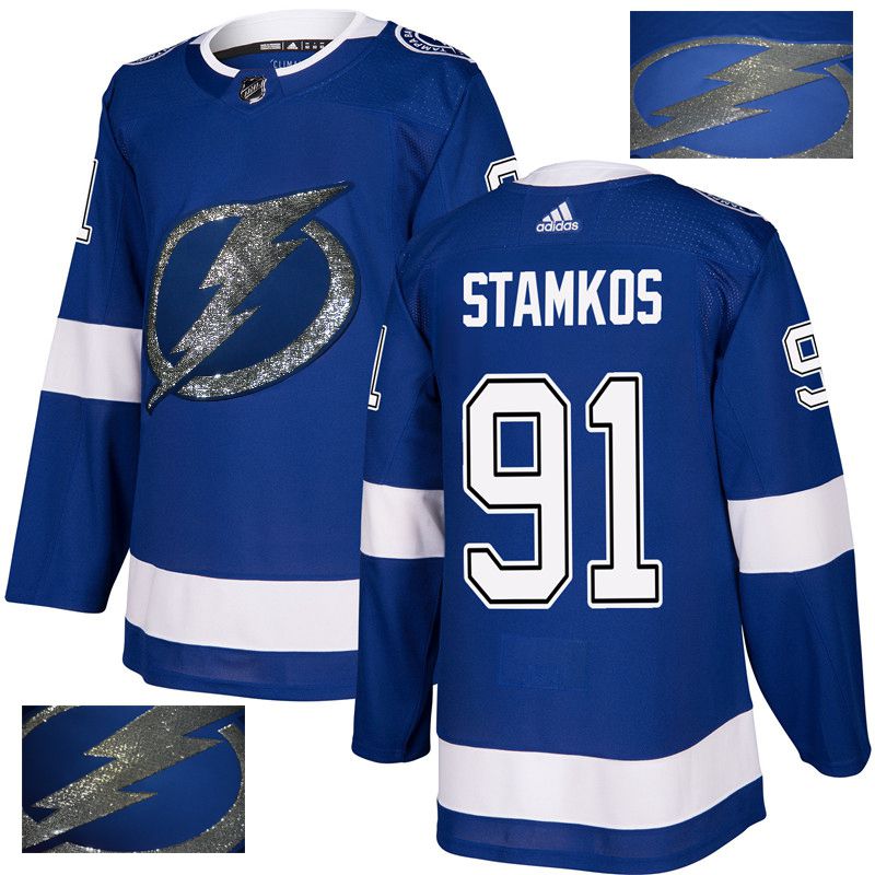 Men Tampa Bay Lightning 91 Stamkos Blue Gold embroidery Adidas NHL Jerseys